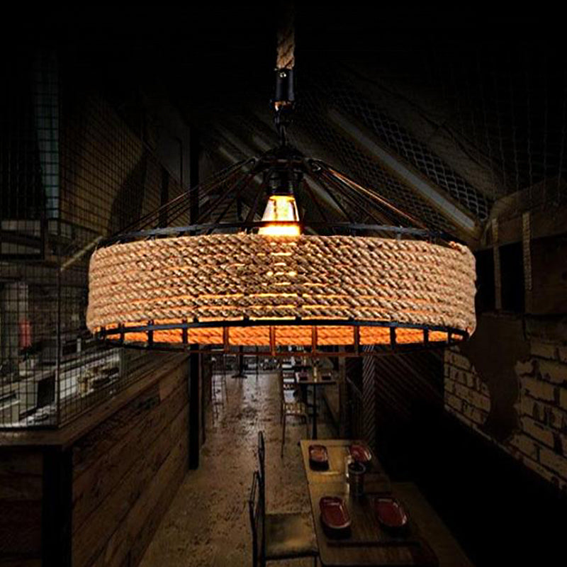 Farmhouse Black Rope Pendant Light Kit - Cone Cage Iron Lamp For Dining Room 3 Sizes Available