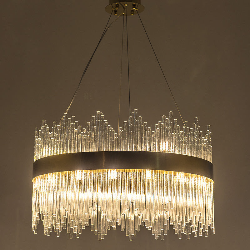Led Brass Chandelier Light Fixture - Round Crystal Rod Suspension Waterfall Design 25.5’/31.5