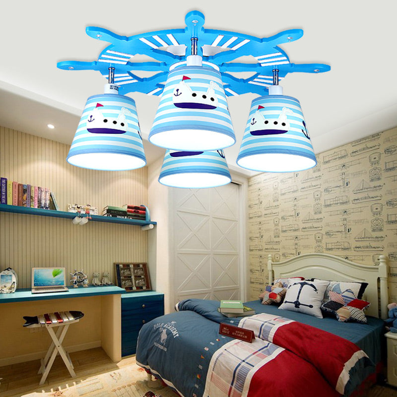 Nautical Semi-Flush Ceiling Light With 4 Wood Lights In Blue For Foyer