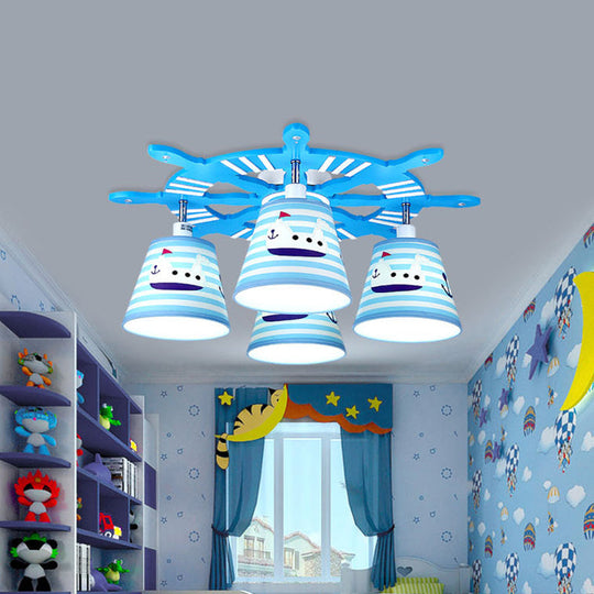 Nautical Semi - Flush Ceiling Light With 4 Wood Lights In Blue For Foyer