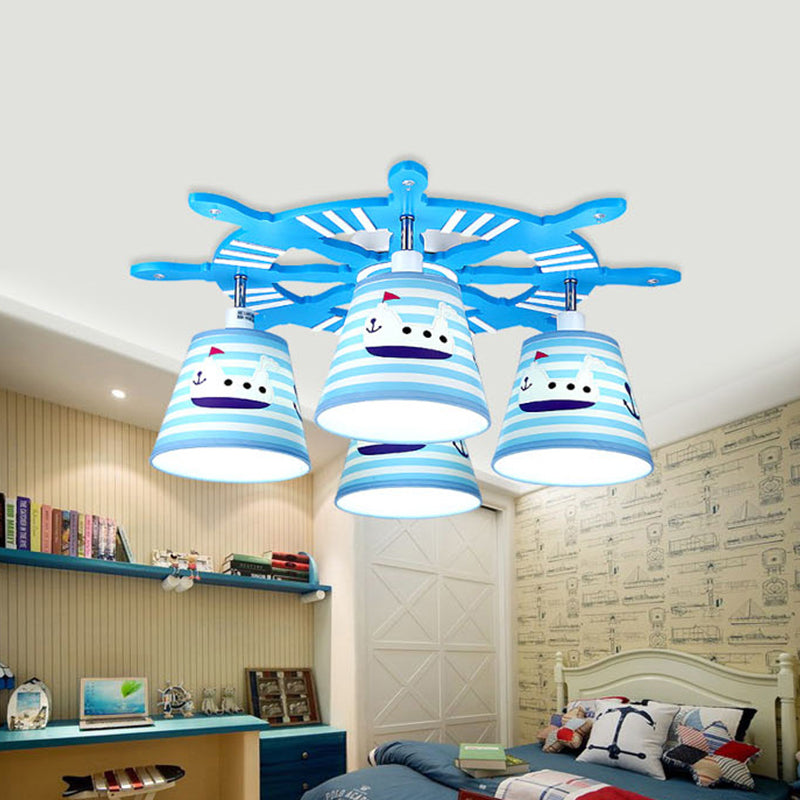 Nautical Semi-Flush Ceiling Light With 4 Wood Lights In Blue For Foyer
