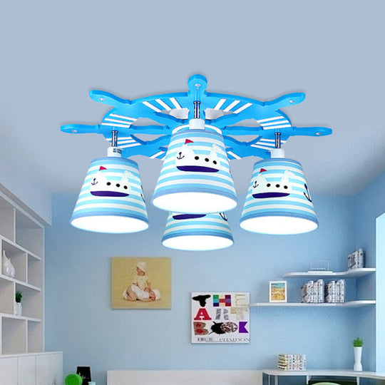 Nautical Semi-Flush Ceiling Light With 4 Wood Lights In Blue For Foyer