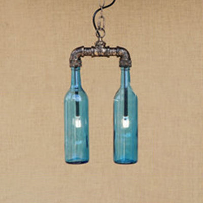 Farmhouse 2-Light Chandelier Pendant With Amber/Blue Glass Shades And Pipe Design