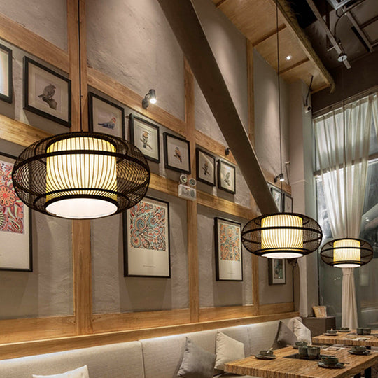 Chinese Bamboo Pendant Lamp With Ancient Town Print Black Oval Ceiling Hanging Lantern 19.5’/23.5’ W