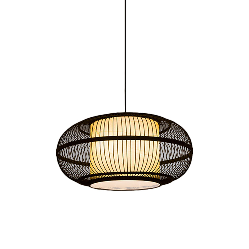Chinese Bamboo Pendant Lamp With Ancient Town Print Black Oval Ceiling Hanging Lantern 19.5’/23.5’ W