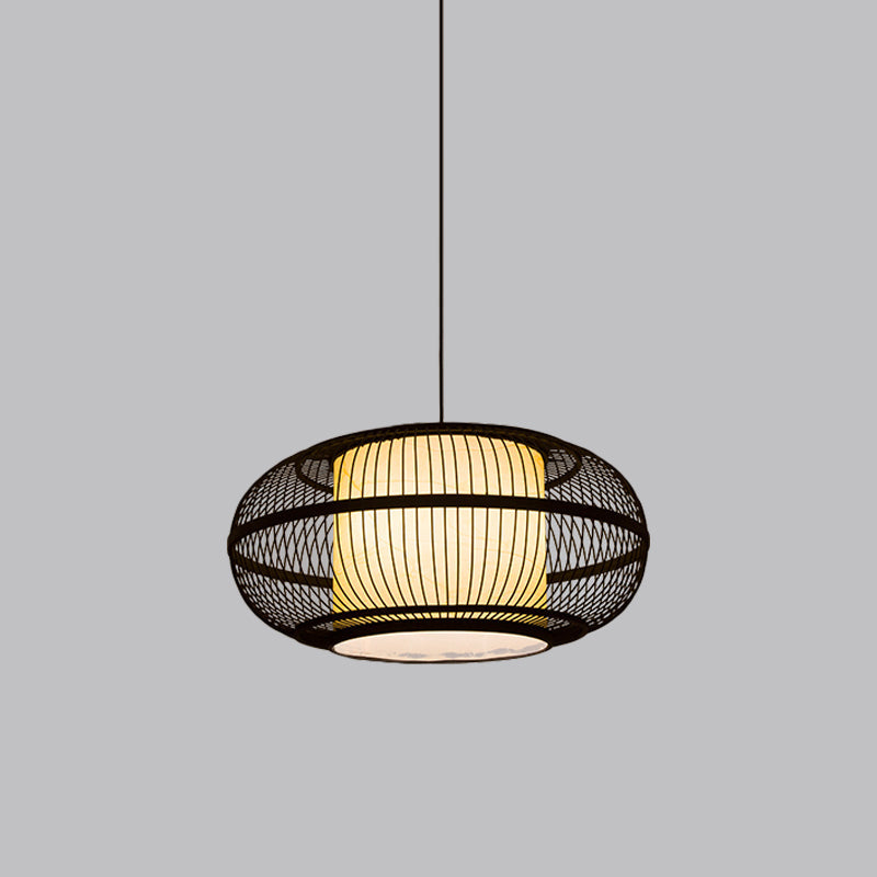 Chinese Bamboo Pendant Lamp With Ancient Town Print Black Oval Ceiling Hanging Lantern 19.5’/23.5’ W