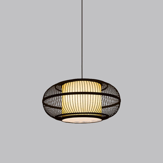 Chinese Bamboo Pendant Lamp With Ancient Town Print Black Oval Ceiling Hanging Lantern 19.5’/23.5’ W