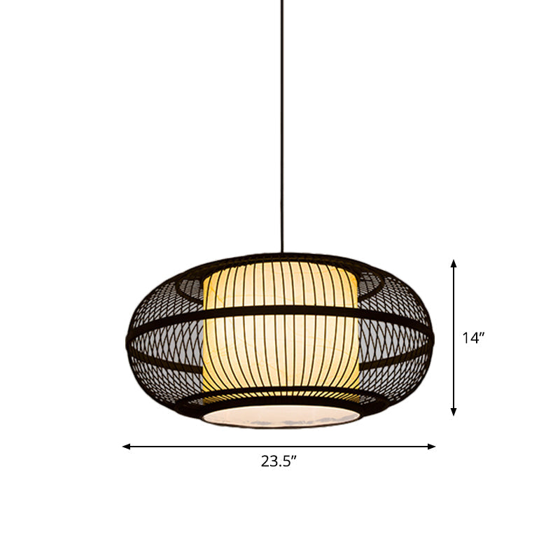 Chinese Bamboo Pendant Lamp With Ancient Town Print Black Oval Ceiling Hanging Lantern 19.5’/23.5’ W