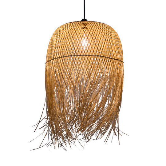 Rustic Rattan Fringe Pendant Light - Beige Single-Bulb Dining Room Hanging Lamp In 6’/10’/18’ Width