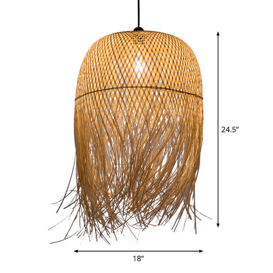 Rustic Rattan Fringe Pendant Light - Beige Single-Bulb Dining Room Hanging Lamp In 6’/10’/18’ Width