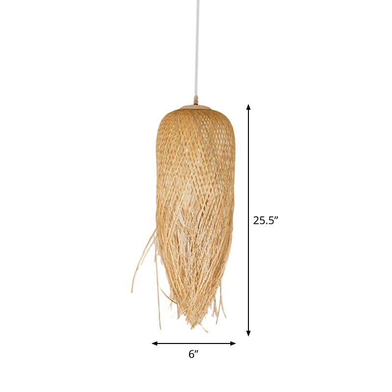 Rustic Rattan Fringe Pendant Light - Beige Single-Bulb Dining Room Hanging Lamp In 6’/10’/18’ Width