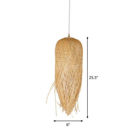 Rustic Rattan Fringe Pendant Light - Beige Single-Bulb Dining Room Hanging Lamp In 6’/10’/18’ Width