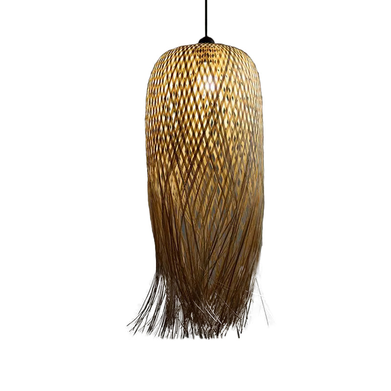 Rustic Rattan Fringe Pendant Light - Beige Single-Bulb Dining Room Hanging Lamp In 6’/10’/18’ Width