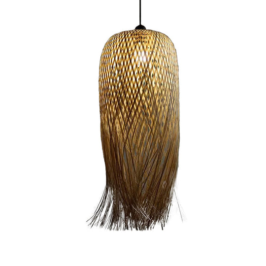 Rustic Rattan Fringe Pendant Light - Beige Single-Bulb Dining Room Hanging Lamp In 6’/10’/18’ Width