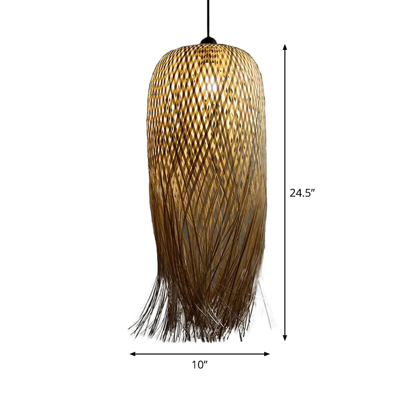 Rustic Rattan Fringe Pendant Light - Beige Single-Bulb Dining Room Hanging Lamp In 6’/10’/18’ Width