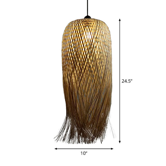 Rustic Rattan Fringe Pendant Light - Beige Single-Bulb Dining Room Hanging Lamp In 6’/10’/18’ Width