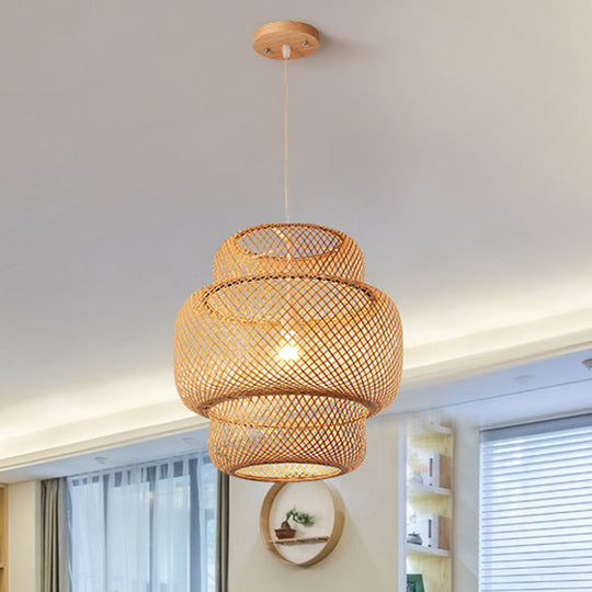 Criss-Cross Woven Bamboo Lantern Pendant Asian Style Hanging Light In Black/Beige 15’/19.5’ W