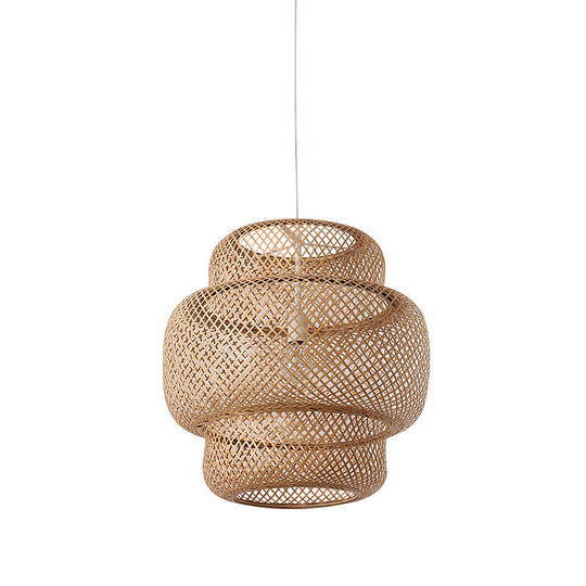 Criss-Cross Woven Bamboo Lantern Pendant Asian Style Hanging Light In Black/Beige 15’/19.5’ W