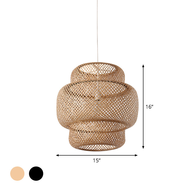 Criss-Cross Woven Bamboo Lantern Pendant Asian Style Hanging Light In Black/Beige 15’/19.5’ W