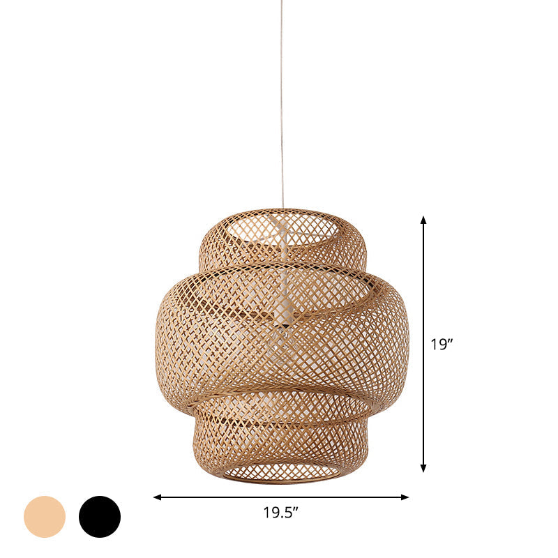 Criss-Cross Woven Bamboo Lantern Pendant Asian Style Hanging Light In Black/Beige 15’/19.5’ W