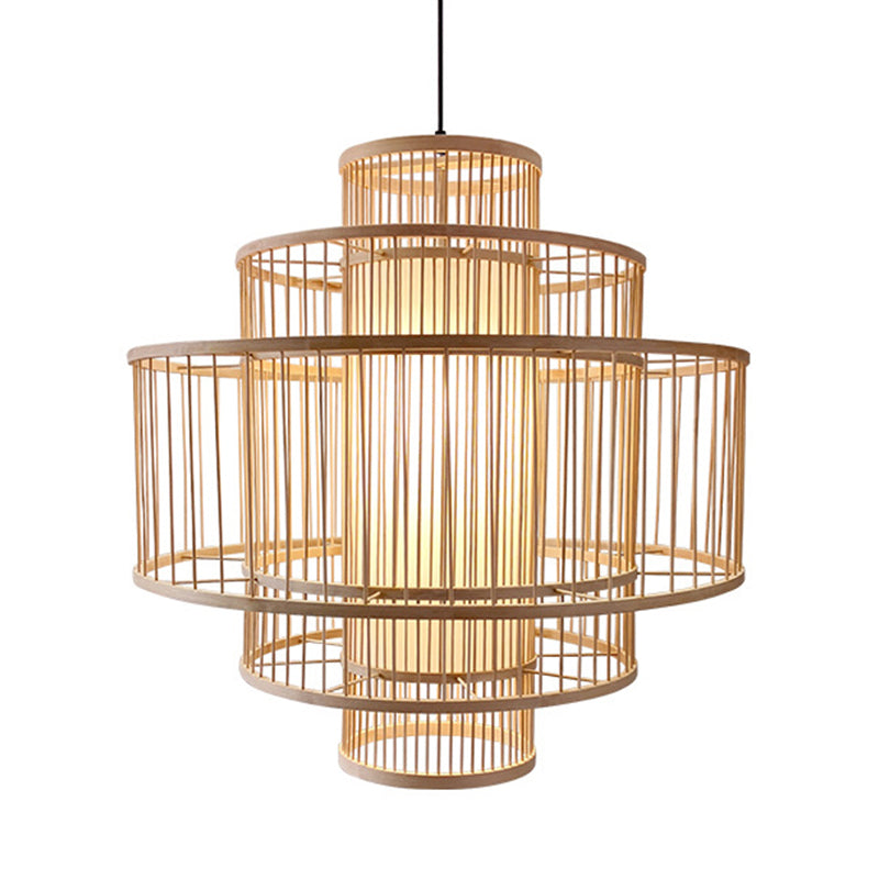 Single-Head Asian Bamboo Hanging Light For Restaurants - 3 Shades 16-31.5 Inches Wide Beige