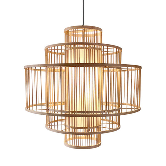 Single-Head Asian Bamboo Hanging Light For Restaurants - 3 Shades 16-31.5 Inches Wide Beige