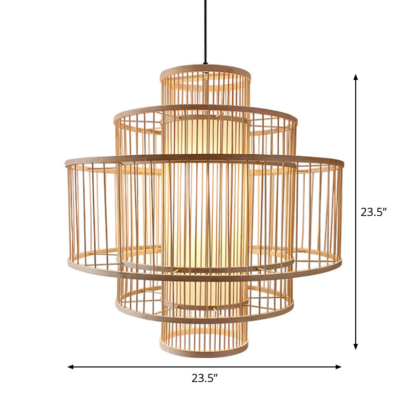 Single-Head Asian Bamboo Hanging Light For Restaurants - 3 Shades 16-31.5 Inches Wide Beige