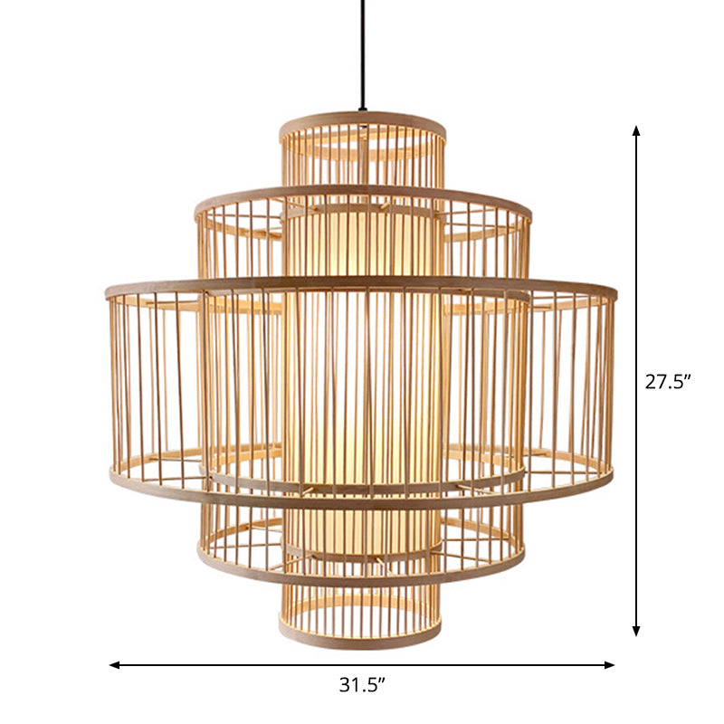 Single-Head Asian Bamboo Hanging Light For Restaurants - 3 Shades 16-31.5 Inches Wide Beige