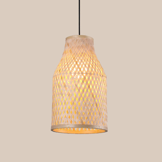 Asia Bamboo Pendant Lamp - 1-Light Beige Suspended Fixture For Dining Room