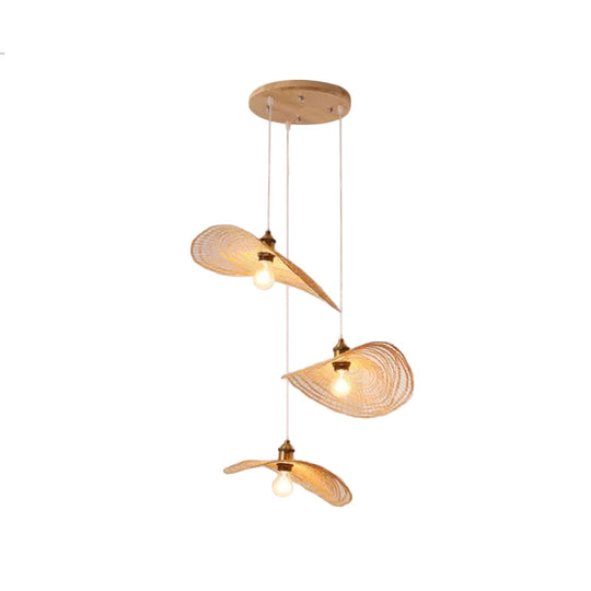 Chinese Style Lotus Leaf Pendant Light With Bamboo Shade - 1/3/6-Light Beige 14’/16.5’/19.5’ Wide