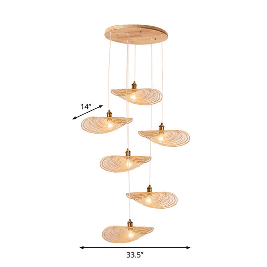 Chinese Style Lotus Leaf Pendant Light With Bamboo Shade - 1/3/6-Light Beige 14’/16.5’/19.5’ Wide