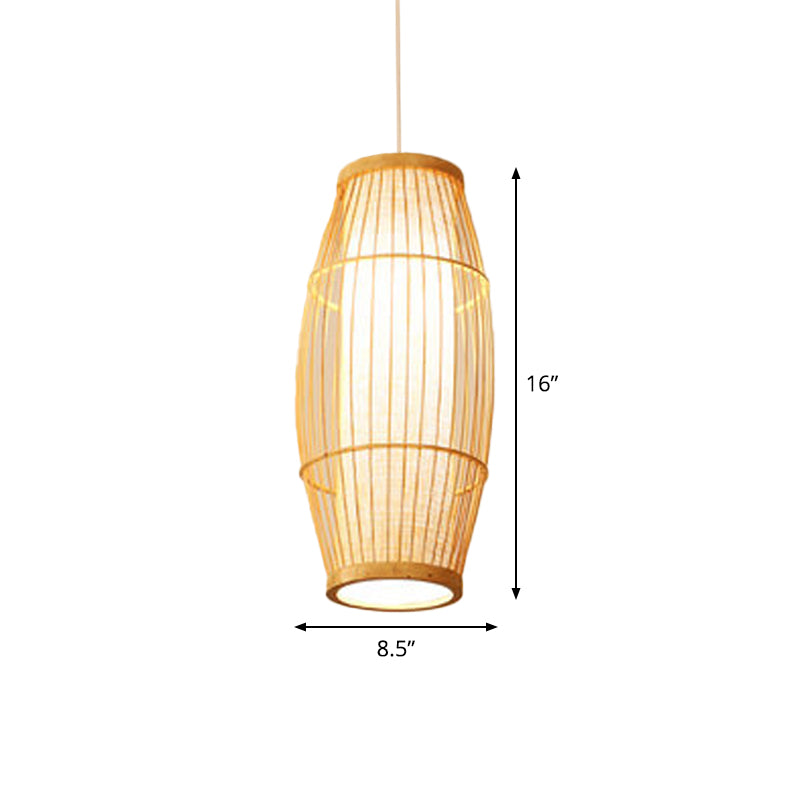 Asian Bamboo Hanging Pendant Light - Elliptical Design Beige 1 Bulb Perfect For Living Room