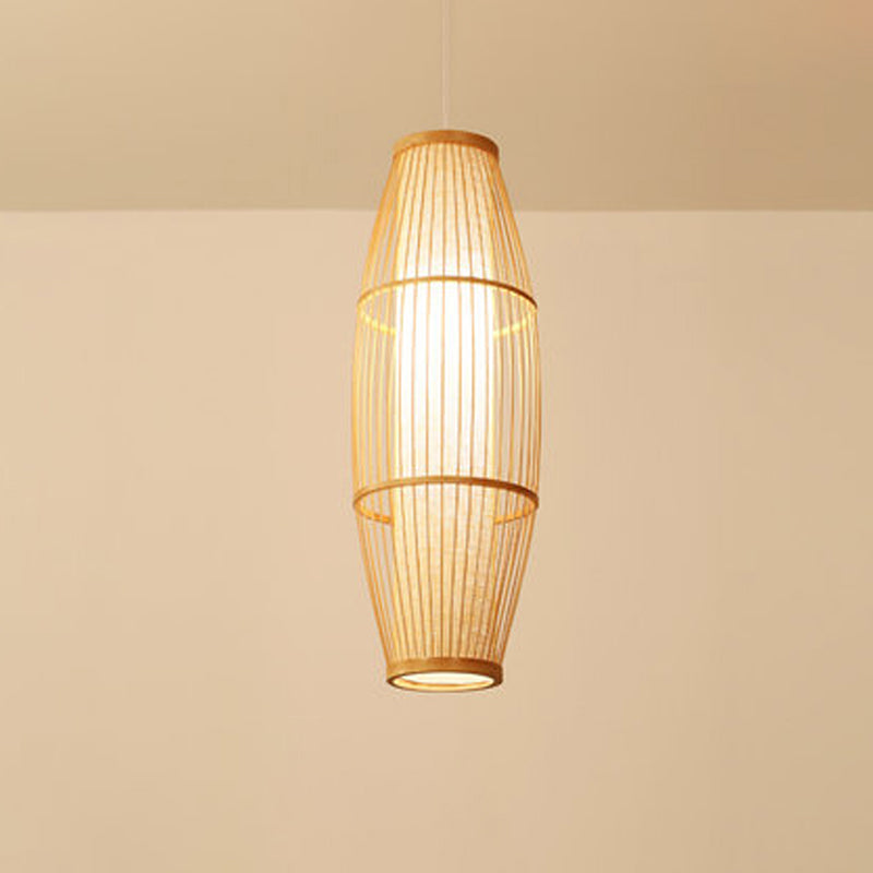 Asian Bamboo Hanging Pendant Light - Elliptical Design Beige 1 Bulb Perfect For Living Room