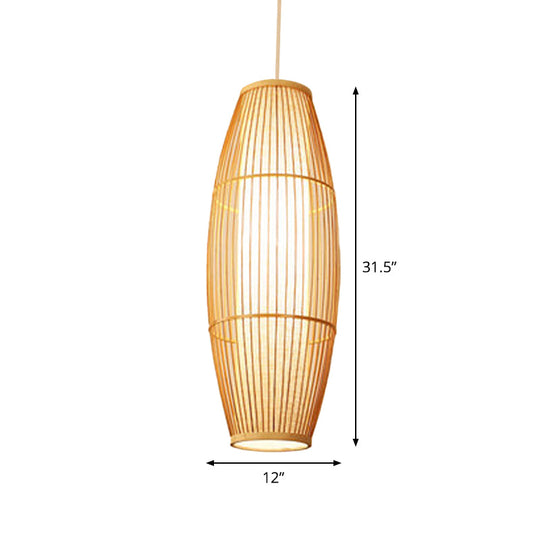 Asian Bamboo Hanging Pendant Light - Elliptical Design Beige 1 Bulb Perfect For Living Room