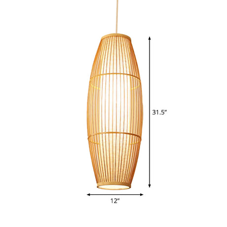 Asian Bamboo Elliptical Pendant Light - Beige Ceiling Lamp With 1 Bulb For Living Room