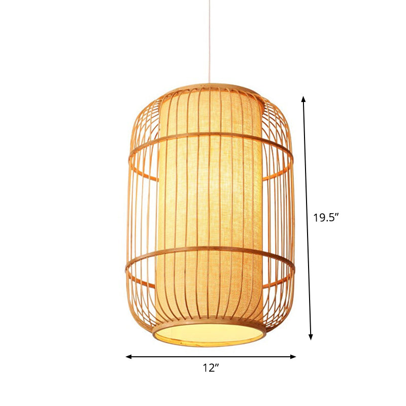 Asian Bamboo Hanging Pendant Light - Elliptical Design Beige 1 Bulb Perfect For Living Room