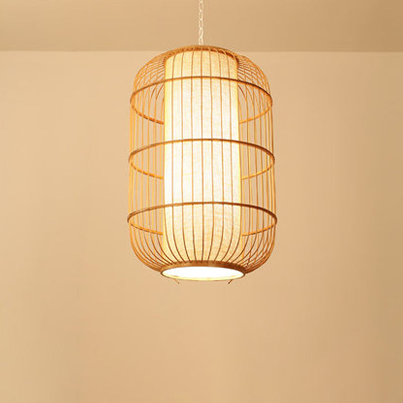 Asian Bamboo Hanging Pendant Light - Elliptical Design Beige 1 Bulb Perfect For Living Room