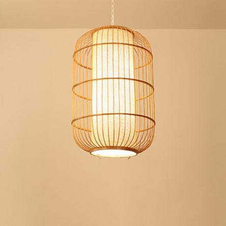 Asian Bamboo Elliptical Pendant Light - Beige Ceiling Lamp With 1 Bulb For Living Room