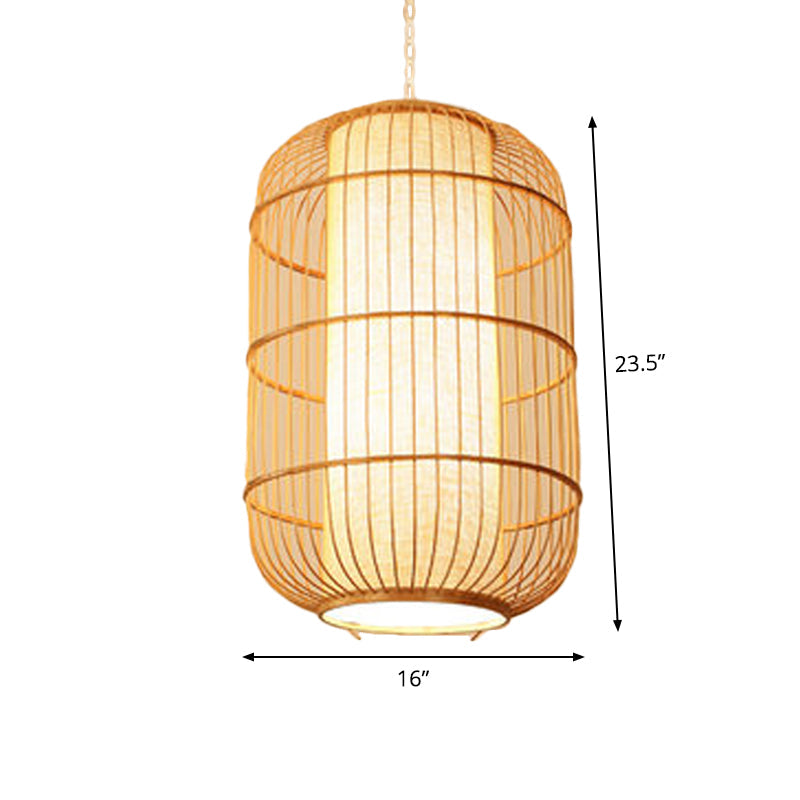Asian Bamboo Hanging Pendant Light - Elliptical Design Beige 1 Bulb Perfect For Living Room