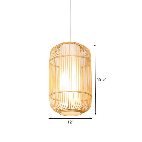 Asian Style Bamboo Pendant With Diamond Drum And Barrel Drops - 1-Light Hanging Light Kit For
