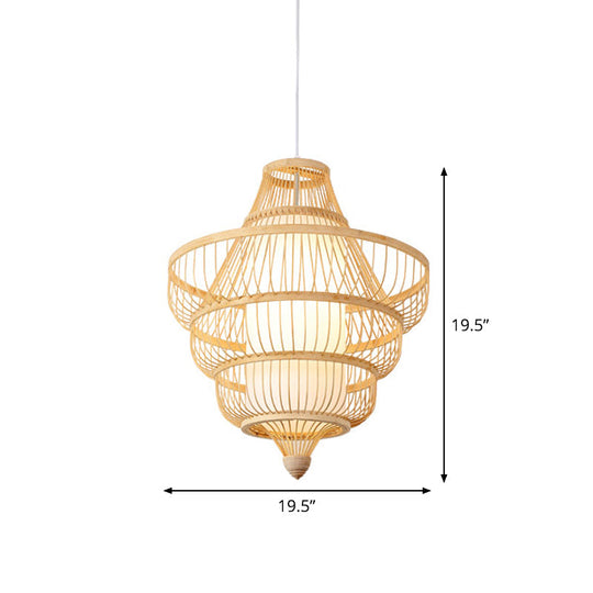 Asian Style Bamboo Pendant With Diamond Drum And Barrel Drops - 1-Light Hanging Light Kit For