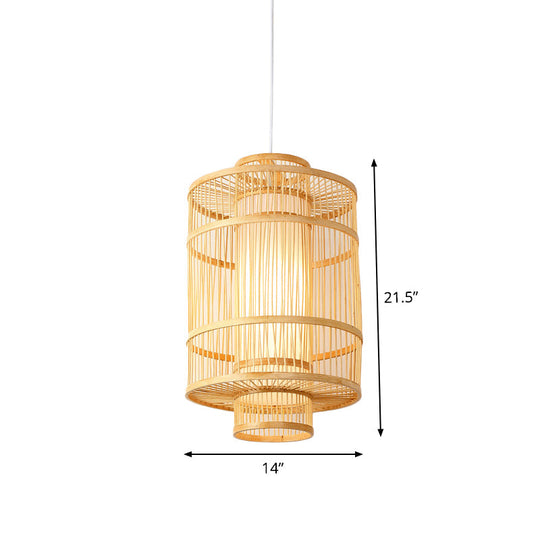 Asian Style Bamboo Pendant With Diamond Drum And Barrel Drops - 1-Light Hanging Light Kit For