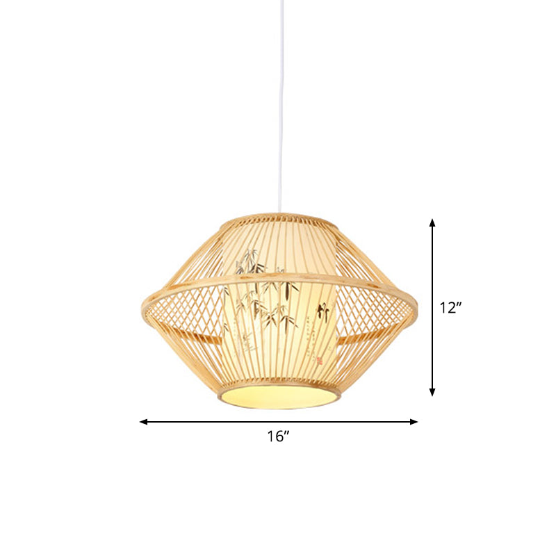 Asian Style Bamboo Pendant With Diamond Drum And Barrel Drops - 1-Light Hanging Light Kit For