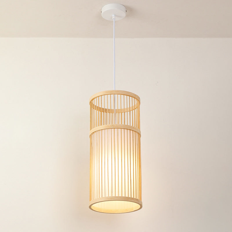 Asian Style Bamboo Pendant With Diamond Drum And Barrel Drops - 1-Light Hanging Light Kit For
