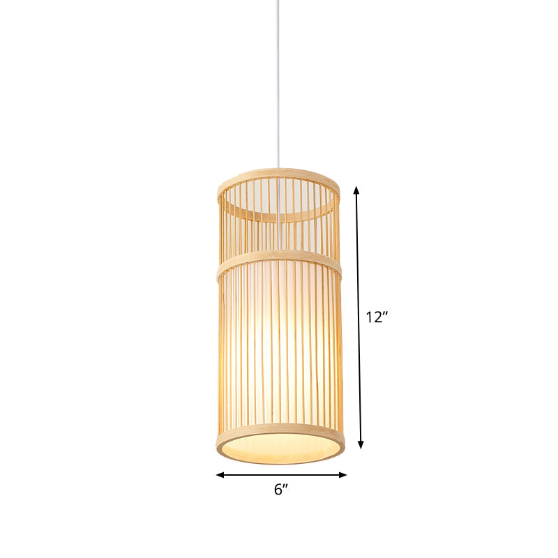 Asian Style Bamboo Pendant With Diamond Drum And Barrel Drops - 1-Light Hanging Light Kit For