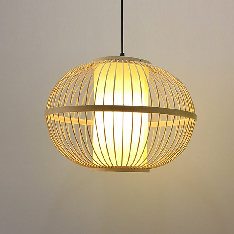Asian Bamboo Oval Pendant Light With Inner Shade - 1-Light Beige 3 Size Options