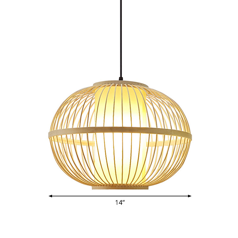 Asian Bamboo Oval Pendant Light With Inner Shade - 1-Light Beige 3 Size Options