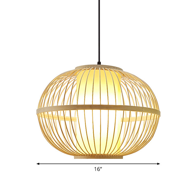 Asian Bamboo Oval Pendant Light With Inner Shade - 1-Light Beige 3 Size Options