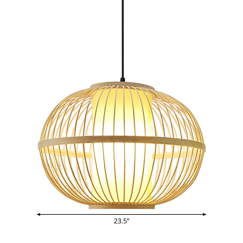 Asian Bamboo Oval Pendant Light With Inner Shade - 1-Light Beige 3 Size Options