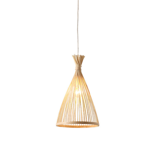 Japanese Style Wood Funnel Pendant Light - 1 Head 8’/10’/12’ Wide Ceiling Hang Lamp In Beige/Coffee